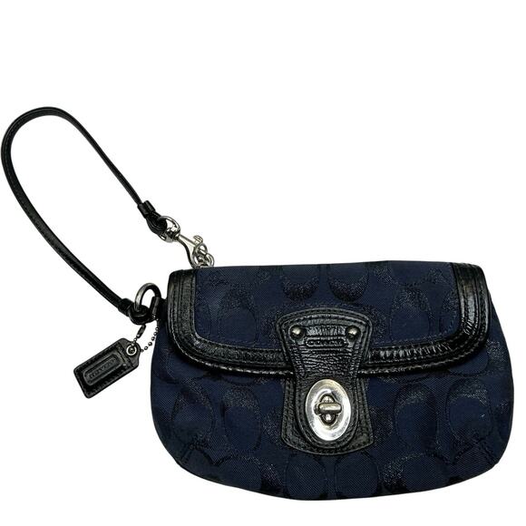 COACH Legacy Black/ Navy Blue Signature Canvas Leather Trims Wristlet #F44677 - Picture 1 of 11